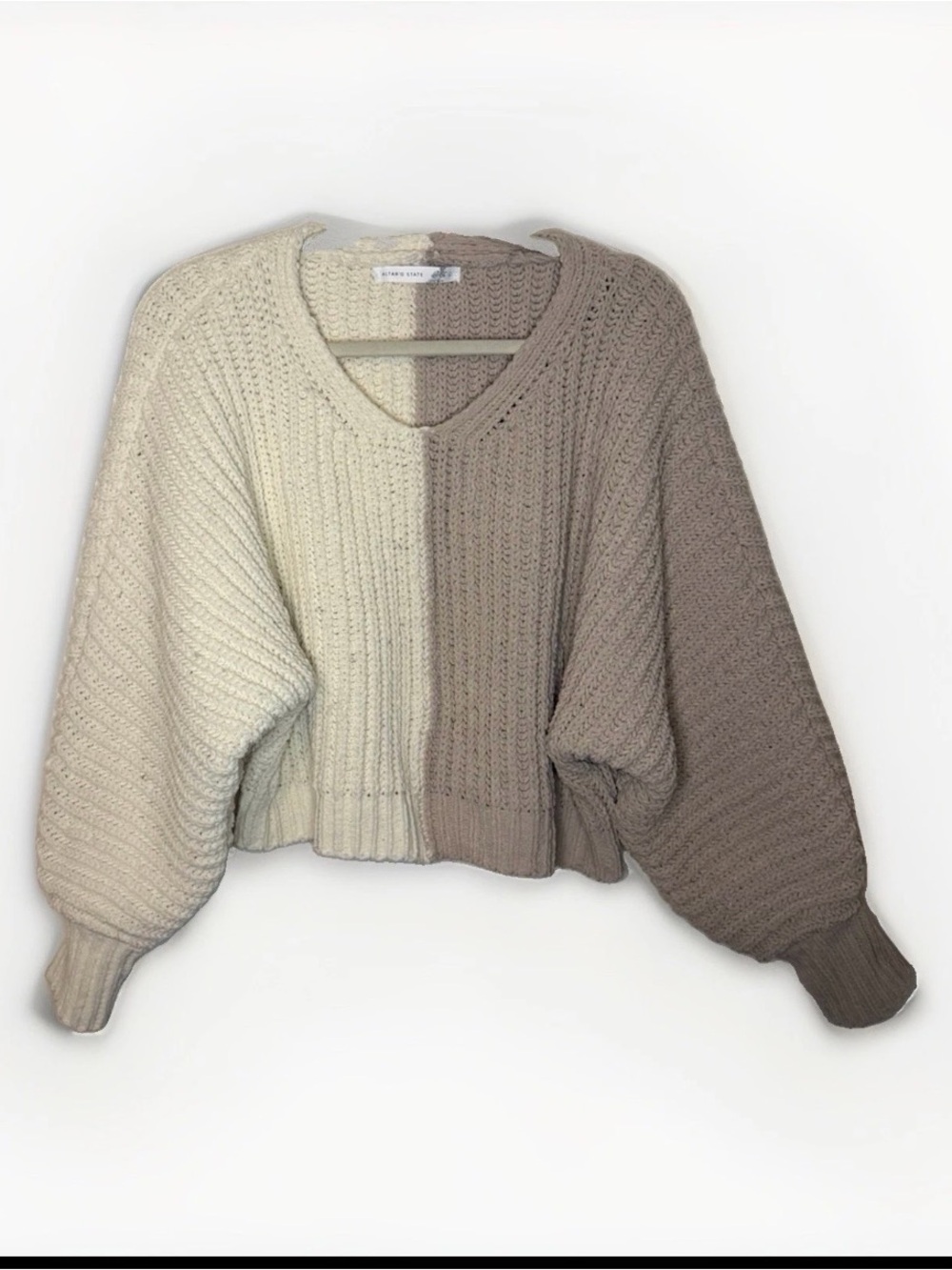 Altar'd State Two-Tone V-Neck Cropped Sweater in Cream and Taupe